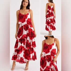 Karl Lagerfeld Paris Red & White Floral Tiered Ruffle Maxi Dress